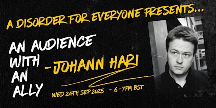 Bilde av plakat av AD4E arrangementet 24.09.2025 med Johann Hari